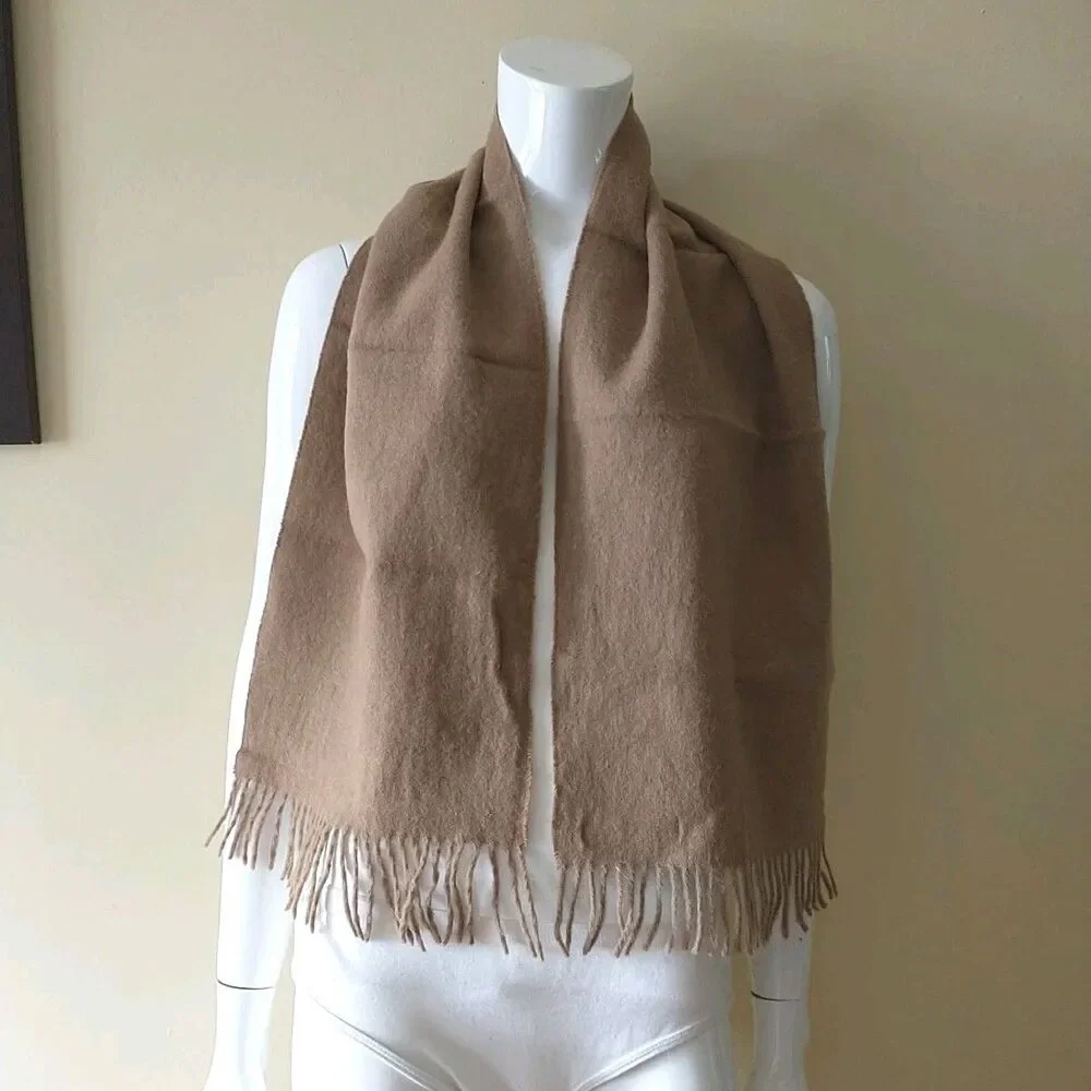Vtg Scarf Unisex Brown 100% Camel Hair Fringes Luxury Rectangle 10x48